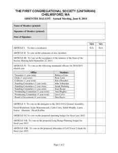 THE FIRST CONGREGATIONAL SOCIETY (UNITARIAN) CHELMSFORD, MA ABSENTEE BALLOT: Annual Meeting, June 8, 2014