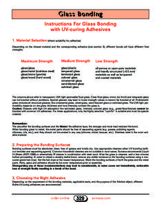 Glass Bonding Instructions For Glass Bonding with UV-curing Adhesives 1. Material Selection (check suitability for adhesive): Depending on the chosen material and the corresponding adhesive (see section 3), different bon