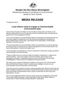 Local officers ready to engage on Commonwealth environmental water - media release 19 September 2014