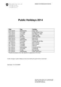 EMBASSY OF SWITZERLAND IN PAKISTAN  Public Holidays 2014 Date[removed]