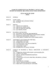 COURT OF COMMON PLEAS OF TRUMBULL COUNTY, OHIO DIVISION OF DOMESTIC RELATIONS AND JUVENILE DEPARTMENT LOCAL RULES OF COURT INDEX RULE 29.