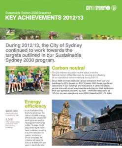 Sustainable Sydney 2030 Snapshot  Key Achievements[removed]During[removed], the City of Sydney continued to work towards the