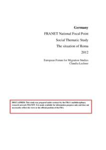 Germany FRANET National Focal Point Social Thematic Study The situation of Roma 2012 European Forum for Migration Studies