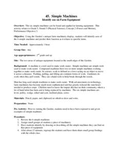 45. Simple Machines Identify use on Farm Equipment Overview: The six simple machines can be found and applied in farming equipment. This activity relates to Grade 5, Strand 5 (Physical Science), Concept 2 (Forces and Mot