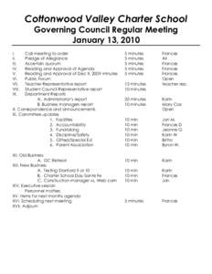 Cottonwood Valley Charter School Governing Council Regular Meeting January 13, 2010 I. II. III.