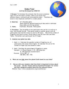 July 8, 2009  Globe-Toss! Activity Developed by COSEE SE 1.Purpose: To introduce the concepts that the ocean comprises most (71%) of the earth’s surface, there is one ocean with