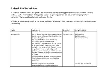 Trafikpolitik for Skærbæk Skole Vi ønsker at skabe de bedste muligheder for, at skolens elever, forældre og personale kan færdes sikkert omkring skolen i og uden for skoletiden. Dette gælder også på længere sigt