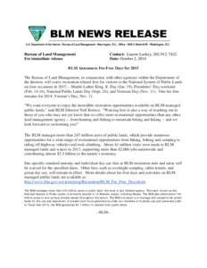BLM Announces Fee-Free Days for 2015