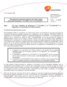 Le 19, décembre 2005 GlaxoSmithKline Inc. 8455, route Transcanadienne Saint-Laurent (Québec) Canada H4S 1Z1