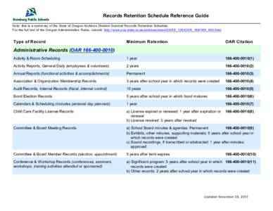 Records Retention Schedule Reference Guide Note: this is a sum m ary of the State of Oregon Archives Division General Records Retention Schedule. For the full text of the Oregon Adm inistrative Rules, consult: http://www