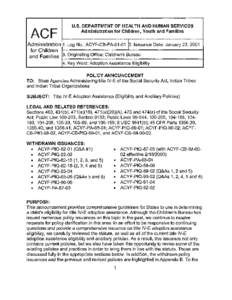 Policy Announcement: Title IV-E Adoption Assistance (Eligibility and Ancillary Policies)