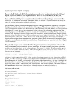 Logistic regression example to accompany Hayes, A. F., & Matthes, JComputational procedures for probing interactions in OLS and logistic regression: SPSS and SAS implementations. Behavior Research Methods, 41, 