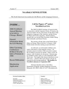 Number 37  Summer 2007 NAAHoLS NEWSLETTER The North American Association for the History of the Language Sciences