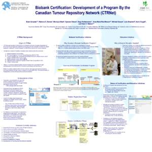 Biobank Certification: Development of a Program By the Canadian Tumour Repository Network (CTRNet) Brent Schacter1,4, Rebecca O. Barnes2, Monique Albert3, Spencer Gibson4, Sugy Kodeeswaran3, Anne-Marie Mes-Masson5,6, Mic