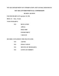 NEVADA DEPARTMENT OF CONSERVATION AND NATURAL RESOURCES  NEVADA ENVIRONMENTAL COMMISSION HEARING ARCHIVE FOR THE HEARING OF September 10, 1996 HELD AT: Reno, Nevada