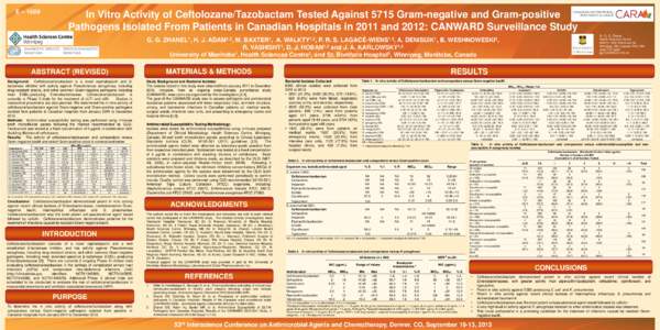 E – 1689  In Vitro Activity of Ceftolozane/Tazobactam Tested Against 5715 Gram-negative and Gram-positive Pathogens Isolated From Patients in Canadian Hospitals in 2011 and 2012: CANWARD Surveillance Study G. G.