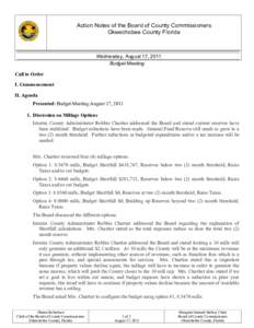 Action Notes of the Board of County Commissioners Okeechobee County Florida Wednesday, August 17, 2011 Budget Meeting Call to Order