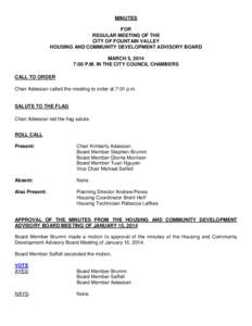 MINUTES FOR REGULAR MEETING OF THE CITY OF FOUNTAIN VALLEY HOUSING AND COMMUNITY DEVELOPMENT ADVISORY BOARD MARCH 5, 2014