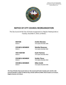 OFFICE OF THE CITY MANAGER  Phone[removed]FAX[removed]removed]  NOTICE OF CITY COUNCIL REORGANIZATION