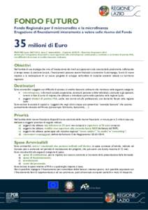 FONDO FUTURO Fondo Regionale per il microcredito e la microfinanza Erogazione di finanziamenti interamente a valere sulle risorse del Fondo 35 milioni di Euro POR FSE Lazio: Asse I “Adattabilità – Capitolo