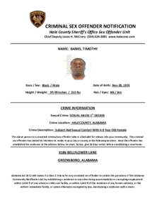 CRIMINAL SEX OFFENDER NOTIFICATION Hale County Sheriff’s Office Sex Offender Unit Chief Deputy Jason H. McCrorywww.halecoso.com NAME: BANKS, TIMOTHY