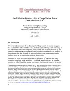 Small Modular Reactors – Key to Future Nuclear Power Generation in the U.S.1 Robert Rosner and Stephen Goldberg Energy Policy Institute at Chicago The Harris School of Public Policy Studies White Paper