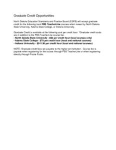 Graduate Credit Opportunities North Dakota Education Standards and Practice Board (ESPB) will accept graduate credit for the following local PBS TeacherLine courses when issued by North Dakota State University, Adams Sta