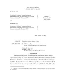 STATE OF VERMONT PUBLIC SERVICE BOARD Docket No[removed]Investigation of Barton Village, Inc. Electric Department’s tariff filing requesting a 13.97% rate increase, to take effect January 1, 1998