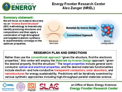 Energy Frontier Research Center Alex Zunger (NREL) Summary statement: We will focus on material discovery via an “Inverse Band Structure”