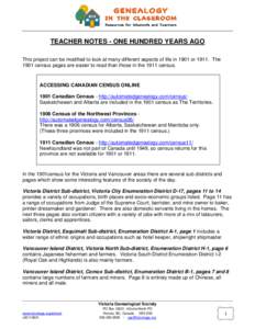 TEACHER NOTES - ONE HUNDRED YEARS AGO This project can be modified to look at many different aspects of life in 1901 or[removed]The 1901 census pages are easier to read than those in the 1911 census. ACCESSING CANADIAN CEN