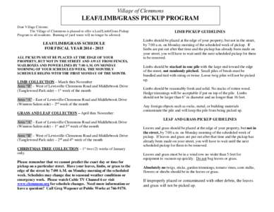 Village of Clemmons  LEAF/LIMB/GRASS PICKUP PROGRAM Dear Village Citizens: The Village of Clemmons is pleased to offer a Leaf/Limb/Grass Pickup Program to all residents. Burning of yard waste will no longer be allowed.