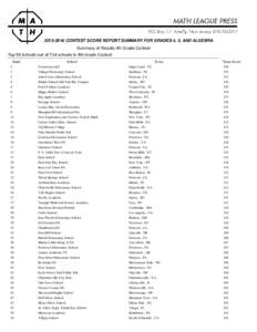 CONTEST SCORE REPORT SUMMARY FOR GRADES 4, 5, AND ALGEBRA Summary of Results 4th Grade Contest Top 90 Schools out of 714 schools in 4th Grade Contest Rank