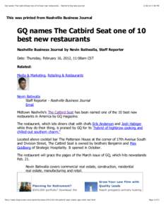 GQ names The Catbird Seat one of 10 best new restaurants - Nashville Business Journal[removed]:56 PM This was printed from Nashville Business Journal