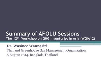 Summary of AFOLU Sessions  The 12th Workshop on GHG Inventories in Asia (WGIA12) Dr. Wasinee Wannasiri Thailand Greenhouse Gas Management Organization 6 AugustBangkok, Thailand