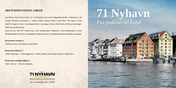 ARP­-HANSEN HOTEL GROUP Arp-Hansen Hotel Group består af 12 privatejede og centralt beliggende hoteller i København, der omfatter Phoenix Copenhagen, 71 Nyhavn Hotel, Imperial Hotel, Grand Hotel, The Square, Tivoli Ho