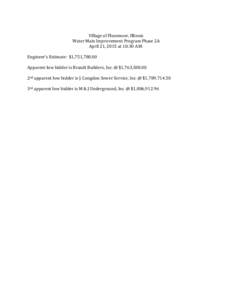 Village of Flossmoor, Illinois Water Main Improvement Program Phase 2A April 21, 2015 at 10:30 A.M. Engineer’s Estimate: $1,751,Apparent low bidder is Brandt Builders, Inc. @ $1,763,2nd apparent low bidde