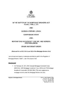 Suspension and Cease and Disist Order for Lemon, Gordon Stephan and Northstone Investment Fund Inc.