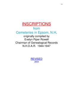 A-1  INSCRIPTIONS from Cemeteries in Epsom, N.H. originally compiled by