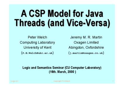 A CSP Model for Java Threads (and Vice-Versa) Peter Welch