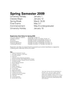 Spring Semester 2009 University Holiday	 Classes Begin Spring Break	 Final Exams	 Commencement