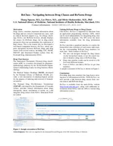 Accepted for presentation at the AMIA 2014 Annual Symposium  RxClass - Navigating between Drug Classes and RxNorm Drugs Thang Nguyen, M.S., Lee Peters, M.S., and Olivier Bodenreider, M.D., PhD U.S. National Library of Me