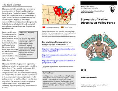 The Rusty Crayfish The rusty crayfish is considered a non-native, invasive species in the park and throughout Pennsylvania. Originally from the Ohio River Basin, this crayfish has been introduced into 19 states where it 