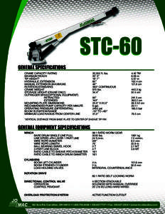 STC-60 GENERAL SPECIFICATIONS CRANE CAPACITY RATING MAXIMUM REACH TIP HEIGHT* HYDRAULIC EXTENSION