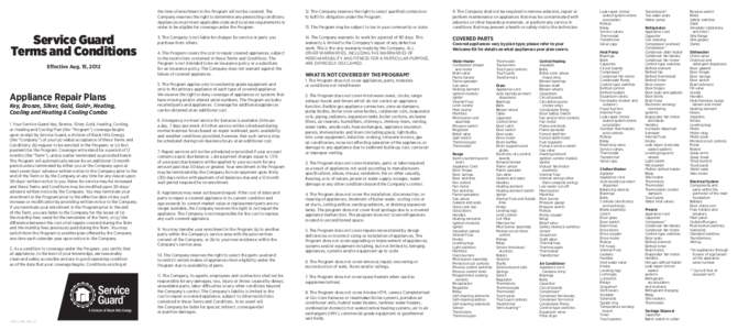 Service Guard Terms and Conditions Effective Aug. 15, 2012 Appliance Repair Plans