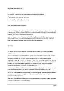 Digital Access to the EU  CULT Hearing „Opportunities for online access to Europe’s cultural diversity“ 6th of November 2012, European Parliament Statement of Prof. Dr. Peter Dusek (Austria)