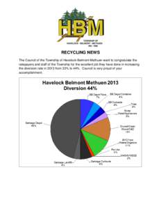 RECYCLING NEWS The Council of the Township of Havelock-Belmont-Methuen want to congratulate the ratepayers and staff of the Township for the excellent job they have done in increasing the diversion rate in 2013 from 33% 