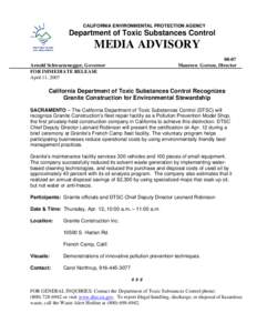 CALIFORNIA ENVIRONMENTAL PROTECTION AGENCY  Department of Toxic Substances Control MEDIA ADVISORY 08-07