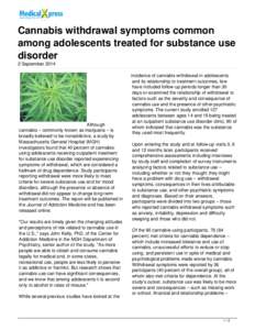 Cannabis withdrawal symptoms common among adolescents treated for substance use disorder