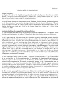 Annexure I Litigation before the Supreme Court Appeal Provisions (a) Against the order of the High Court appeal can be made to the Supreme Court by way of Civil Appeal u/s 35L(a) of the Central Excise Act, 1944 or u/s 13