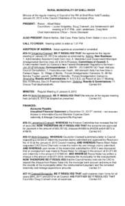 RURAL MUNICIPALITY OF SHELL RIVER Minutes of the regular meeting of Council of the RM of Shell River held Tuesday, January 22, 2013 in the Council Chambers of the municipal office. PRESENT: Reeve – Albert Nabe Councill